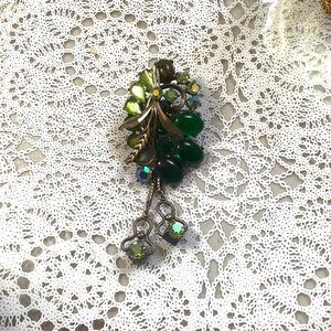 Large p, Rare Statement Green Crystal Brooch with Dangling Crystals.